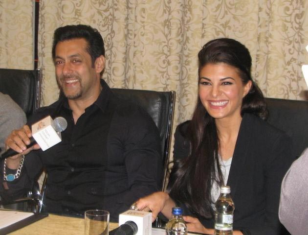 Salman Khan and Jacqueline Fernandez smiling at the press meet