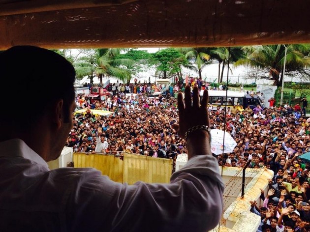 Salman Khan waves his fans gathered outside his house