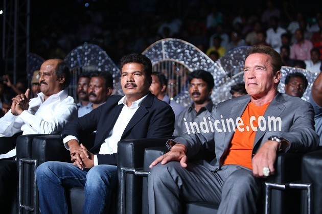 Rajinikanth, Shankar and Arnold Schwarzenegger at I music launch