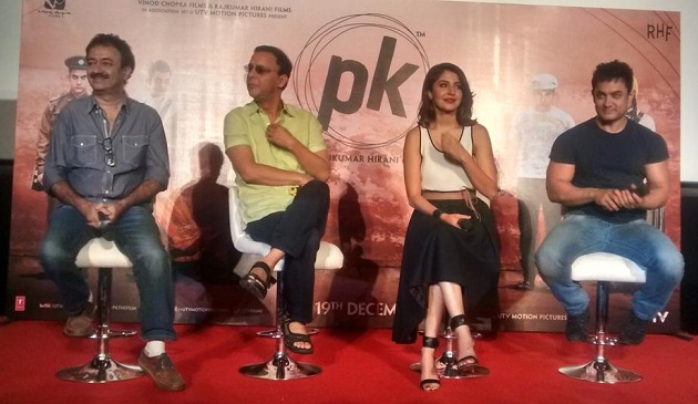 Rajkumar Hirani, Vidhu Vinod Chopra, Anushka Sharma and Aamir Khan at PK trailer launch