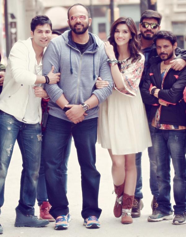 Varun Dhawan, Rohit Shetty and Kriti Sanon on the sets of Dilwale