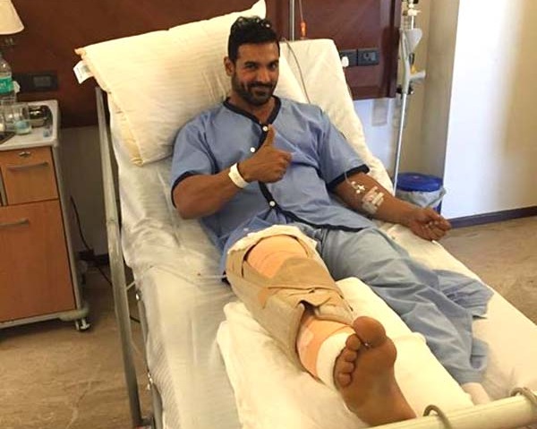 John Abraham after undergoing a knee surgery in Budapest