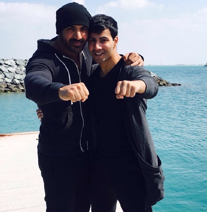 John Abraham with Varun Dhawan on the sets of Dishoom