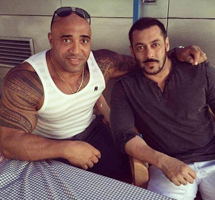 Salman Khan with Body builder Dennis James on the sets of Sultan