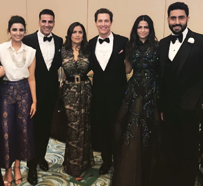 Parineeti, Akshay and Abhishek with Salma Hayek