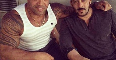 Salman Khan with Body builder Dennis James on the sets of Sultan